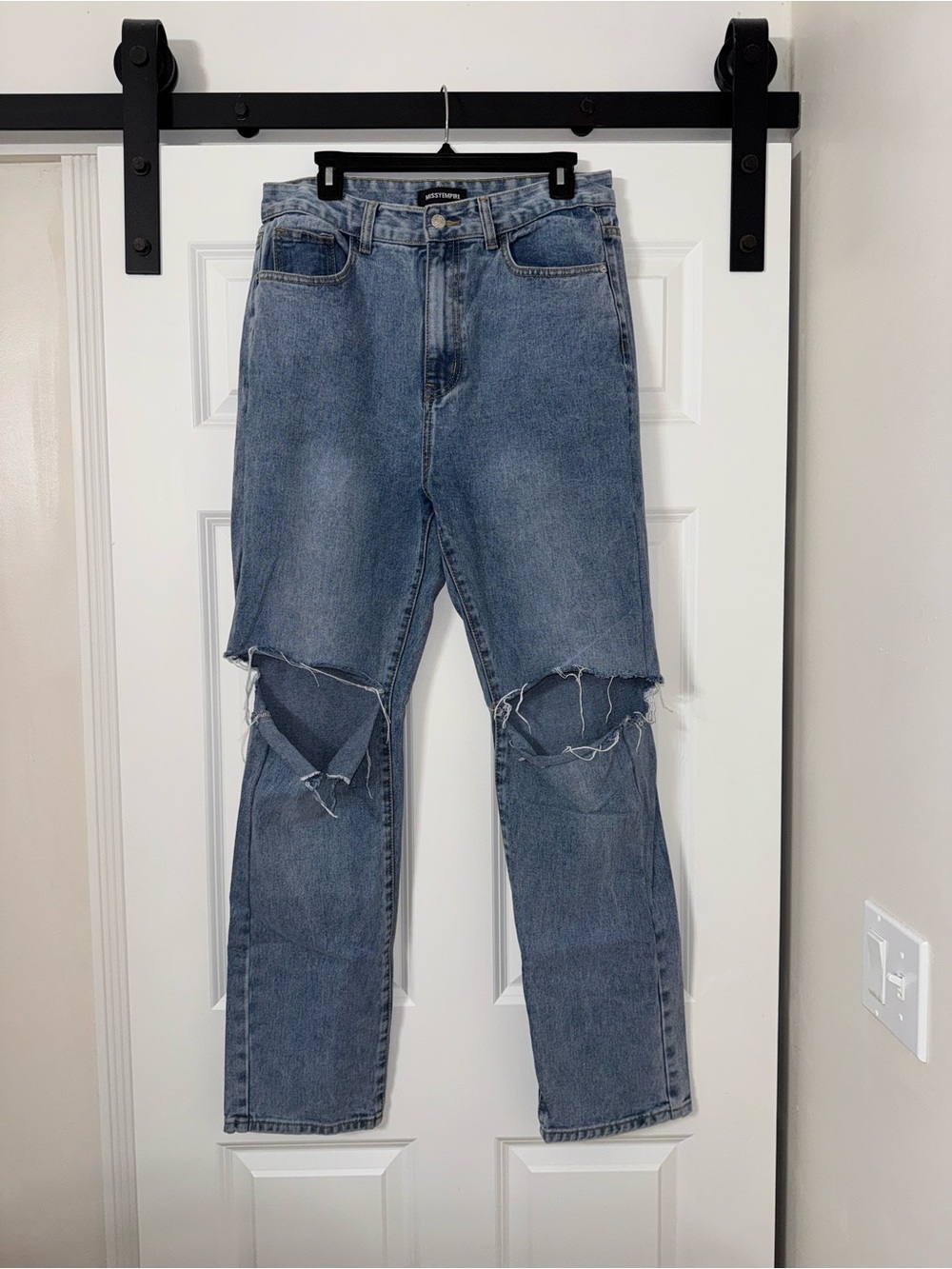 Kady Dark Blue Mid Wash Slashed Knee Straight Leg Jeans